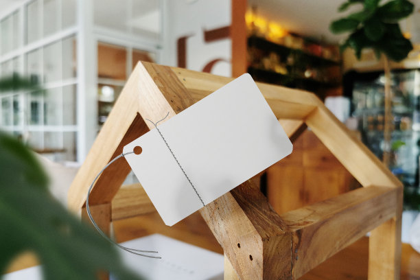 清洁最小的标签模型漂浮在木质结构与树叶图片下载