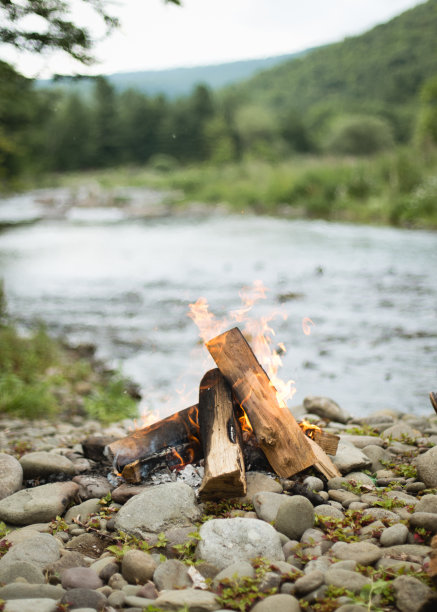 树林里河边的篝火图片下载