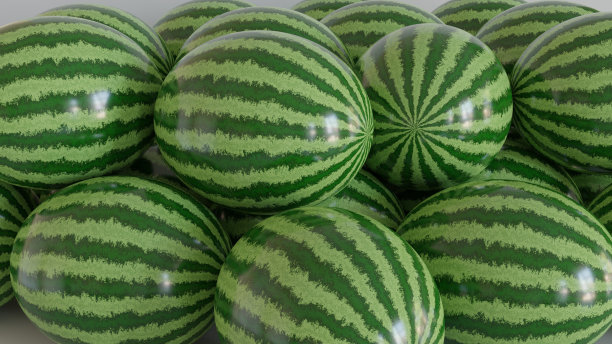 西瓜果实。成熟的食物，逼真的3D甜点。健康多汁的夏日浆果节日的象征新鲜维生素营养。孤立的插图。零售广告海报设计。, 3 d渲染图片下载