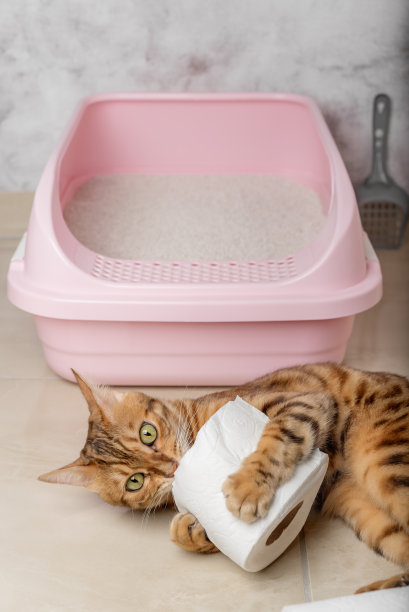 孟加拉猫在猫砂盆旁边玩厕纸。图片下载