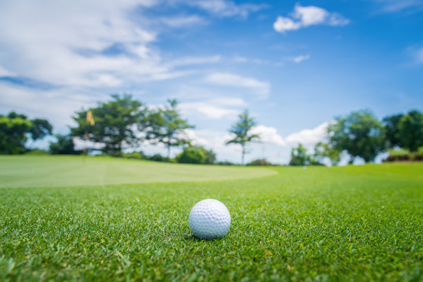 一个白色的高尔夫球在绿色草地附近的洞与高尔夫球场的背景，绿色的树阳光射线图片下载