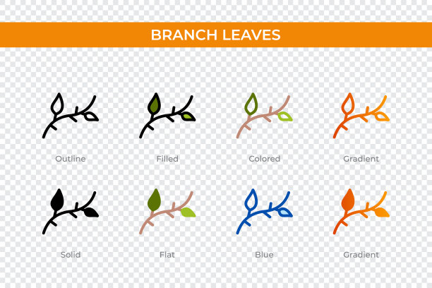 不同风格的树枝叶子图标。分枝叶矢量图标设计的轮廓，固体，彩色，填充，渐变和平面风格。象征,标志说明。矢量图图片下载