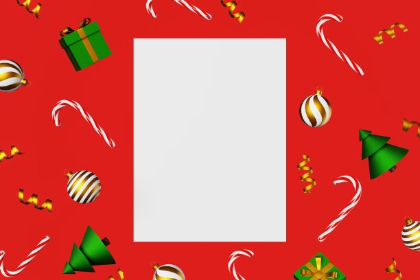 圣诞模型绿色冷杉树球糖果拐杖礼盒金色丝带3d渲染空贺卡框架模板图片下载