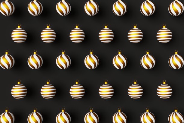 圣诞球3D图案墙纸俯视图平铺黑色背景。圣诞节日装饰白色金色装饰。图片下载