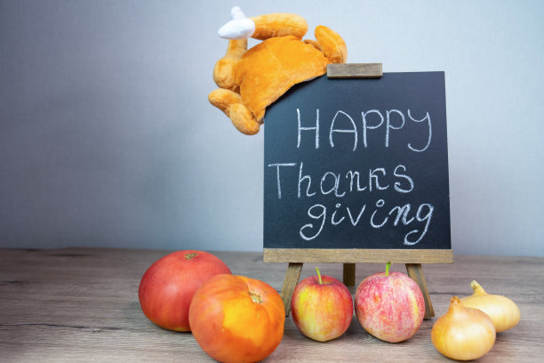 感恩节快乐，秋天的背景文字和铭文，毛绒火鸡模仿和蔬菜丰收图片下载