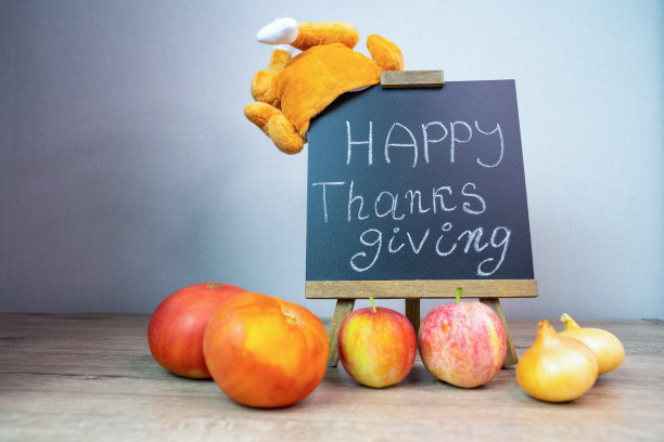 感恩节快乐，秋天的背景文字和铭文，毛绒火鸡模仿和蔬菜丰收图片下载