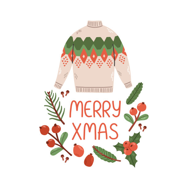 圣诞快乐短语与花环毛衣字母孤立矢量插图图片下载