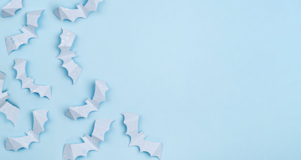 可爱和恐怖的传统万圣节人物。极简主义背景与纸蝙蝠装饰。秋季节日贺卡和邀请函的边框或框。图片下载