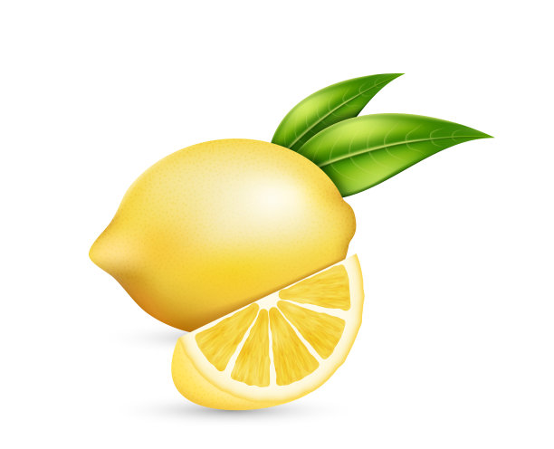 逼真的柠檬与绿叶切片和整个多汁柑橘。带黄色果皮的酸的新鲜水果图片下载