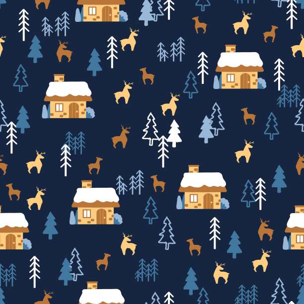 鹿林冬夜小屋矢量图形艺术图案图片下载