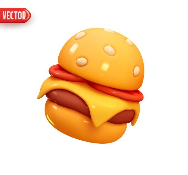 汉堡芝士汉堡。逼真的3d设计元素在塑料卡通风格。图标隔离在白色背景上。矢量图图片下载