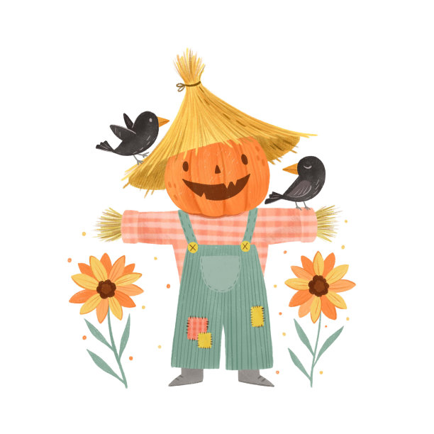可爱的填充南瓜鸟和向日葵。卡通风格的万圣节人物。手绘插图。图片下载