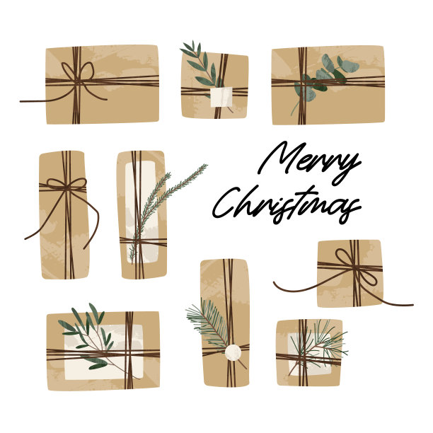 用牛皮纸包装的圣诞礼物。乡村工艺礼盒。手工制作的装饰,DIY。庆祝圣诞和新年。矢量平面卡通插画图片下载