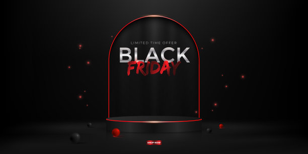 黑色星期五销售与3d逼真的圆筒基座基座，闪闪发光和3d光泽球图片下载