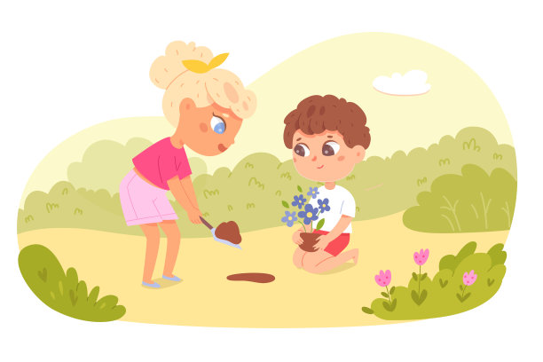 儿童志愿者在夏天或春天的村庄花园工作，角色在公园里种植植物图片下载