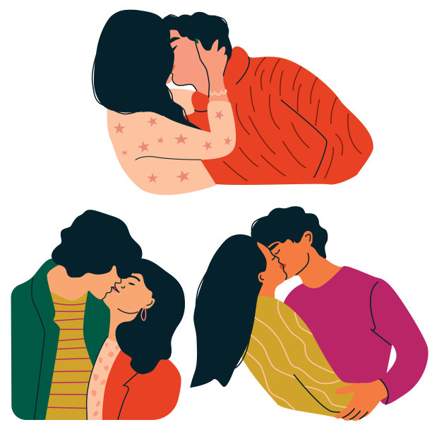 一组接吻的情侣，孤立在白色背景上。图片下载