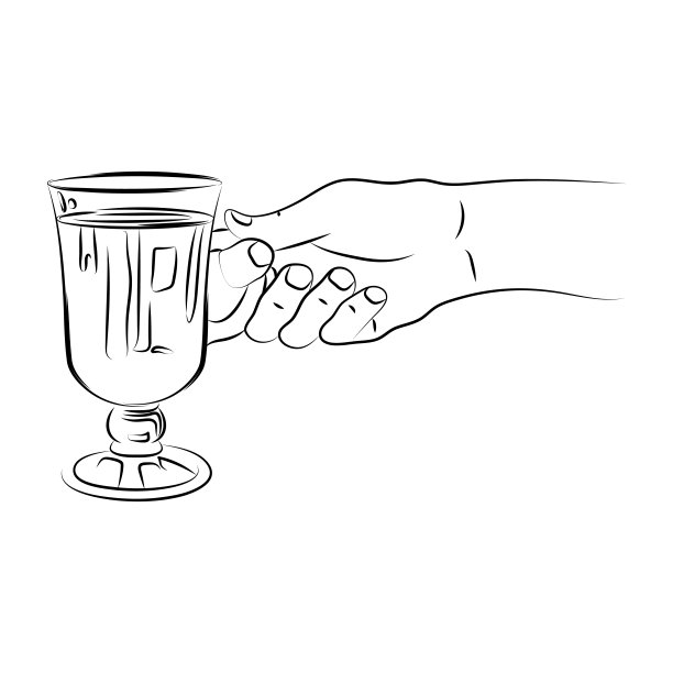 手里拿着一杯热葡萄酒。传统的热饮在玻璃高脚杯。加香料的圣诞温酒。用于打印，明信片，菜单，标签，海报。素描、直线等高线绘制图片下载