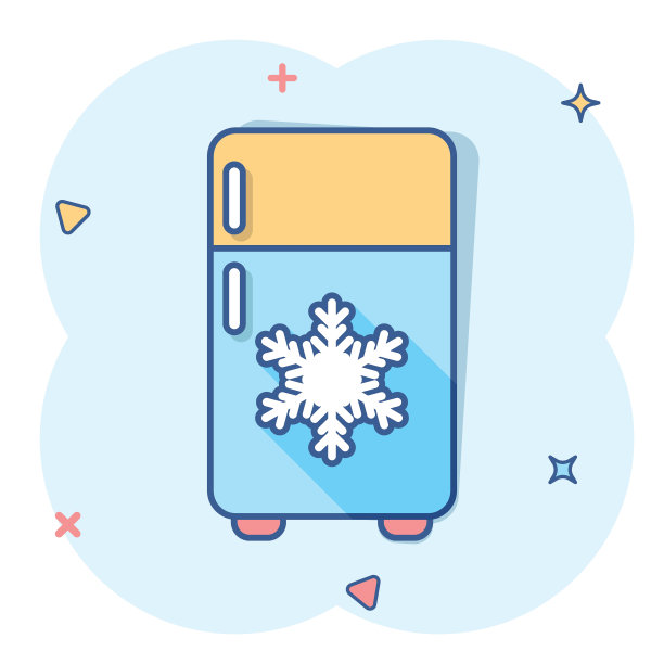 冰箱冰箱图标的漫画风格。冰柜容器矢量卡通插图象形图。冰箱商家概念水花效应。图片下载