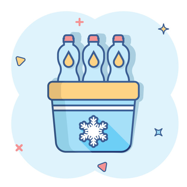 冰箱冰箱图标的漫画风格。冰柜容器矢量卡通插图象形图。水瓶商业概念飞溅效果。图片下载