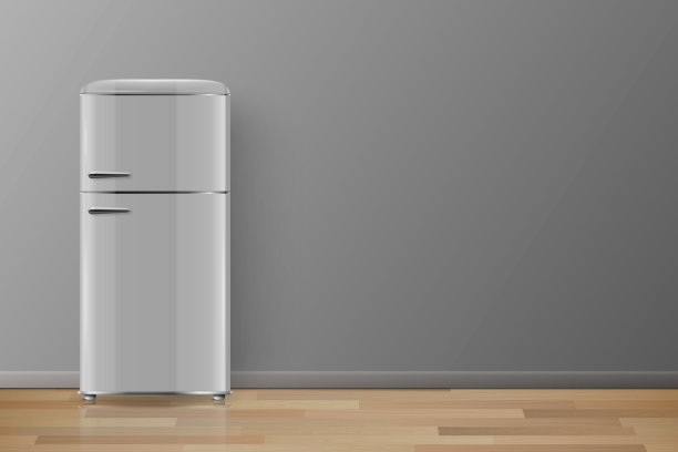 矢量横幅与3d现实光泽灰色复古复古冰箱。垂直简单的冰箱。关闭冰箱。设计模板，冰箱模型。前视图图片下载