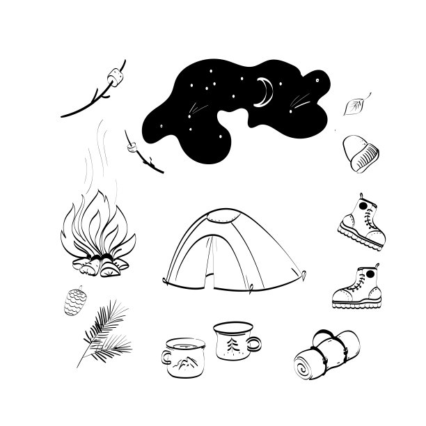 徒步旅行装备集矢量手绘涂鸦插画，旅行配件和设备图片下载