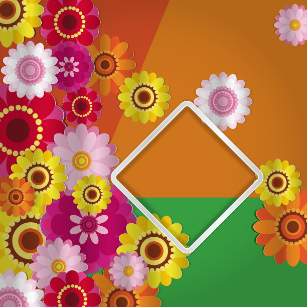 新春贺花背景。方形灯框上的节日纸花。时髦的绿色和橙色背景。矢量贺卡上有节日的3月8日，母亲节，生日。图片下载