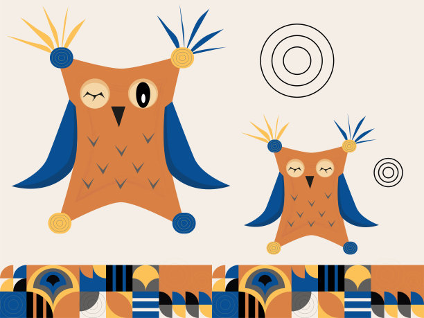 两只猫头鹰橙蓝色的图案两个圆圈婴儿矢量插图图片下载