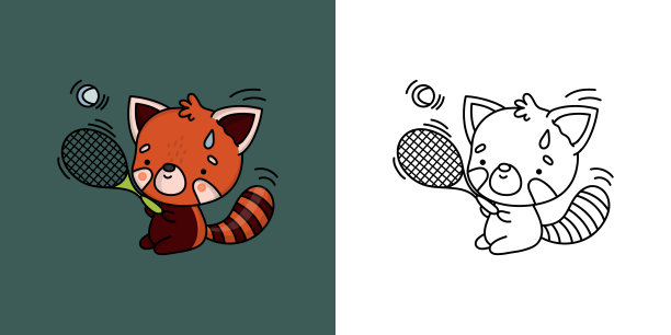 卡哇伊红色小熊猫运动员剪纸彩色和黑白。可爱的动物的运动员。矢量插图的卡哇伊动物贴纸，衣服的印刷品，婴儿淋浴，着色页。图片下载