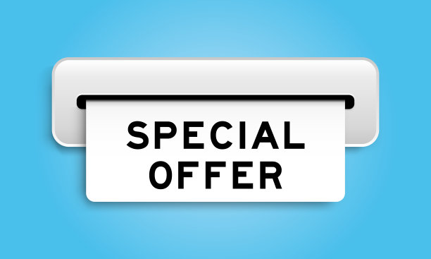 白色优惠券横幅字特别优惠从机器上蓝色的背景图片下载