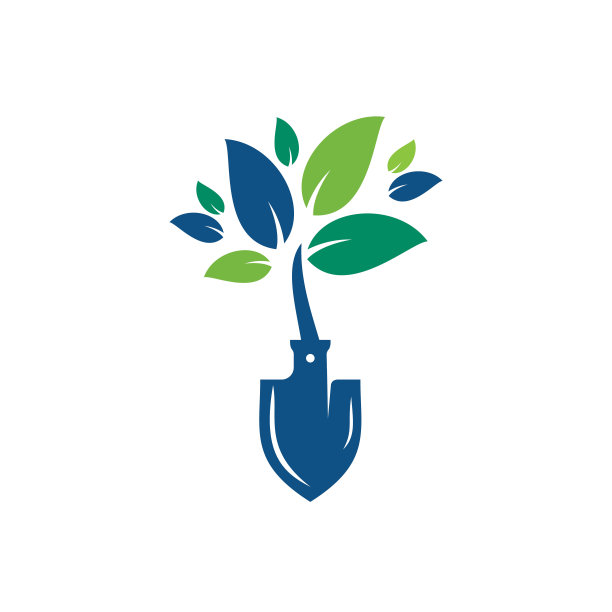 铲树矢量标志设计。绿色园林环境标志设计模板。图片下载
