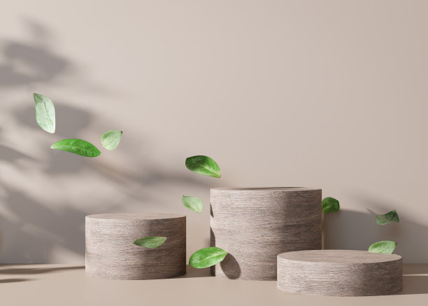 棕色背景的木质圆台子上，树叶在空中飞舞。产品、化妆品展示的天然平台。模拟。美容产品的舞台。空的场景。3 d渲染。图片下载