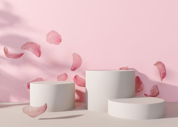 粉色背景的舞台上有飞舞的花瓣。产品、化妆品展示的优雅舞台。模拟。美容产品的底座或平台。春天,花。空的场景。3 d渲染。图片下载