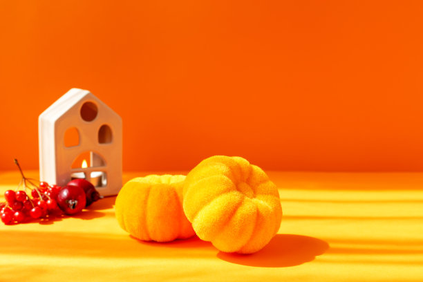 万圣节。南瓜，房子，花楸树和橙色背景上的小苹果图片下载