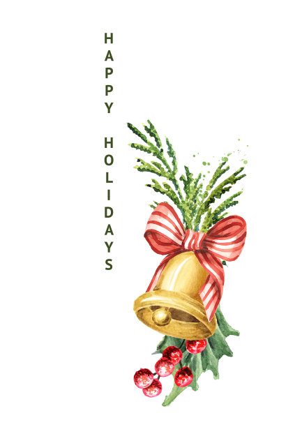 圣诞钟与冬季节日装饰。节日快乐贺卡。手绘水彩插图孤立在白色背景图片下载