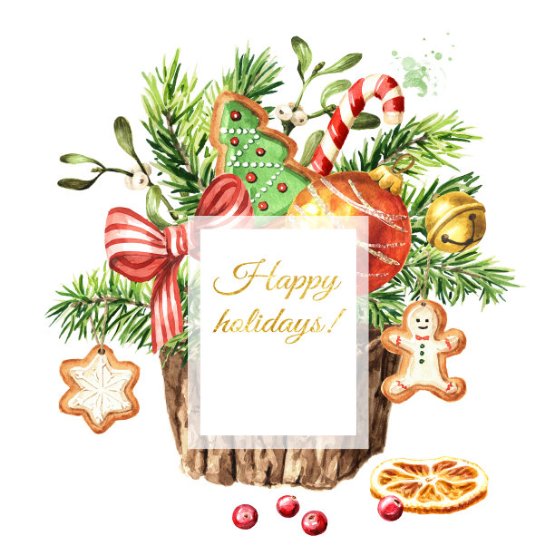 圣诞和快乐新年节日装饰贺卡或传单，明信片，小册子，传单。手绘水彩插图，孤立在白色背景图片下载