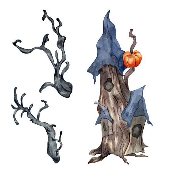 万圣节异想天开的木屋水彩插图孤立的白色。图片下载