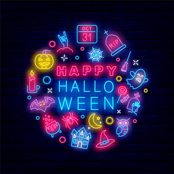 万圣节快乐霓虹圈布局。明亮的贺卡。夜总会的事件。向量股票插图图片下载
