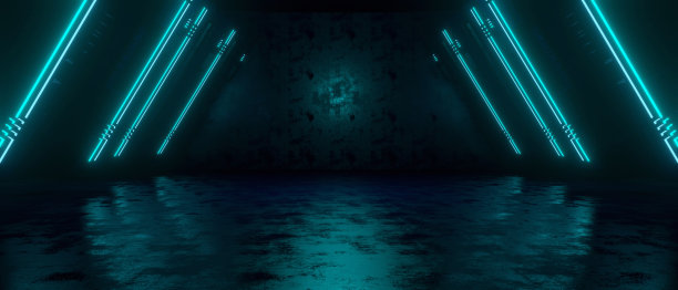 带有多层霓虹灯和植入产品平台的未来主义隧道。最小深蓝高分辨率抽象背景3D插图图片下载