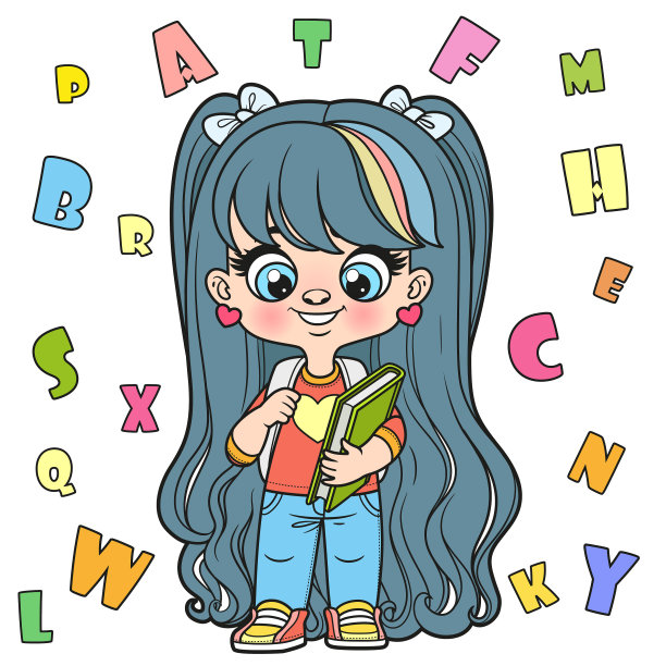 可爱的卡通长发女孩拿着教科书和图片下载