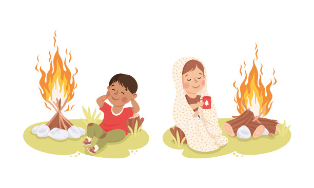 小孩子们坐在夏令营的篝火旁图片下载