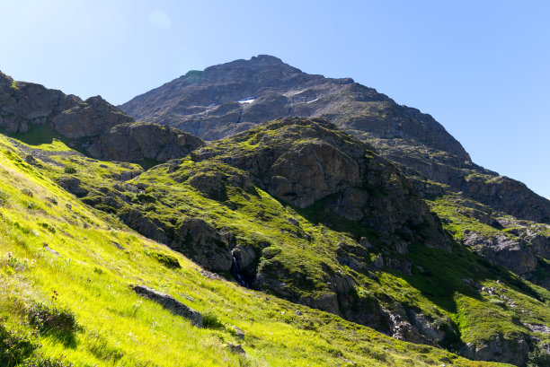 阳光明媚的夏日，瑞士山口的美丽风景全景。图片下载
