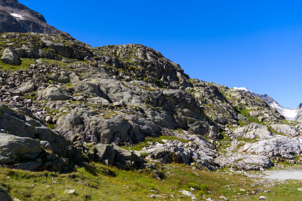 阳光明媚的夏日，瑞士山口的美丽风景全景。图片下载