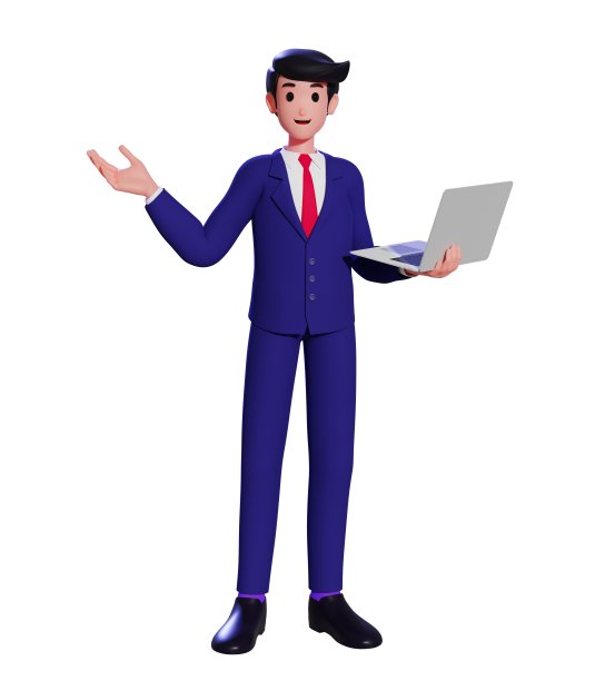 3d卡通人物商人站着，手里拿着笔记本电脑，看着相机。一个穿着西装的快乐的年轻人用手提电脑，他的手指向一边。三维演示图片下载