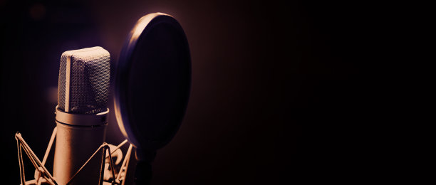 专业麦克风，麦架防振动。麦克风在声音工作室制作。关闭麦克风和冲击安装弹出过滤器在工作室。聚光麦克风防止黑暗和复制空间。图片下载