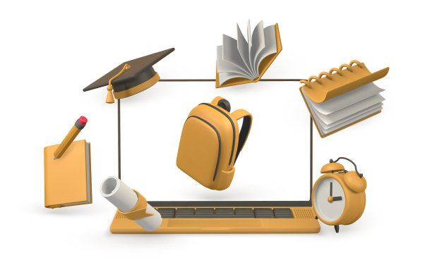 在线学校概念笔记本电脑与书籍铅笔图片下载
