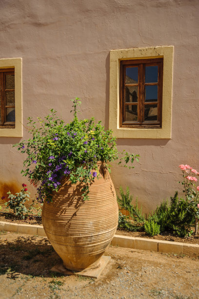 院子里有花的双耳罐图片下载