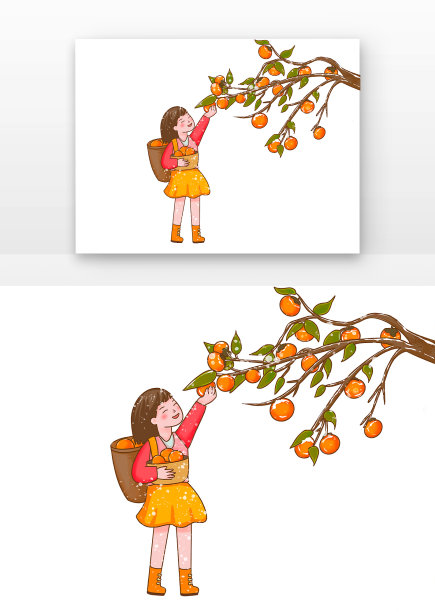 女孩摘柿子元素图片下载