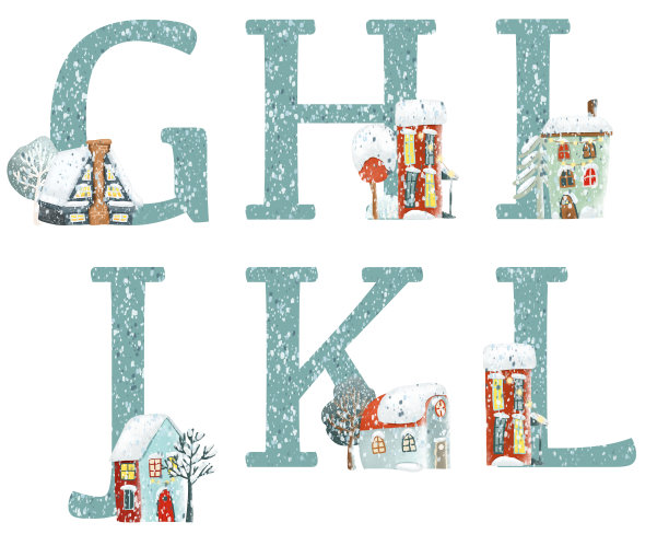 一套蓝色字母冬天下雪的房子，圣诞节字母表，孤立的插图在白色背景图片下载