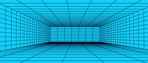 蓝色背景的3D线框房间。抽象的角度网格。矢量插图。图片下载