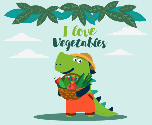花园里可爱的恐龙。有趣的暴龙和蔬菜。夏天的风景背景。生态友好型生态理念图片下载
